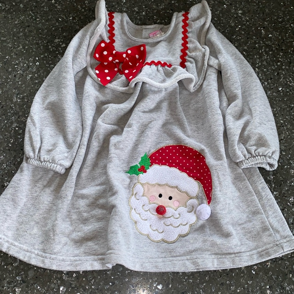 Good Lad SANTA Fleece Long Sleeve Dress. Girls Size 3T. Gray+Red Rickrack.